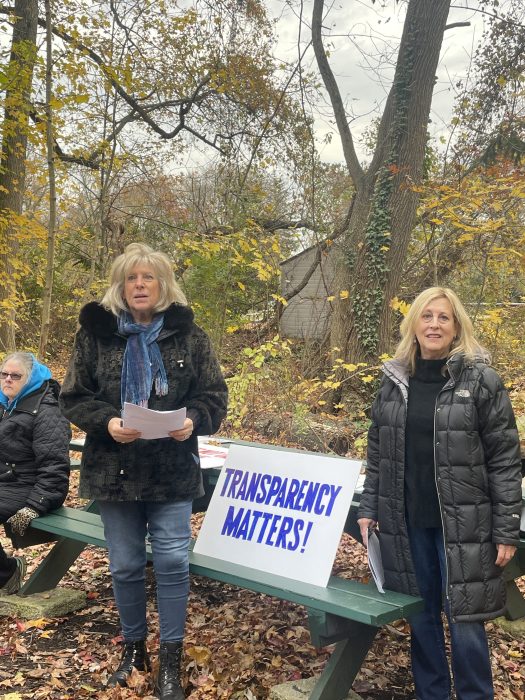 Jody Kass Finkel and Nancy Sherman spoke at the protest in Kings Point Park.