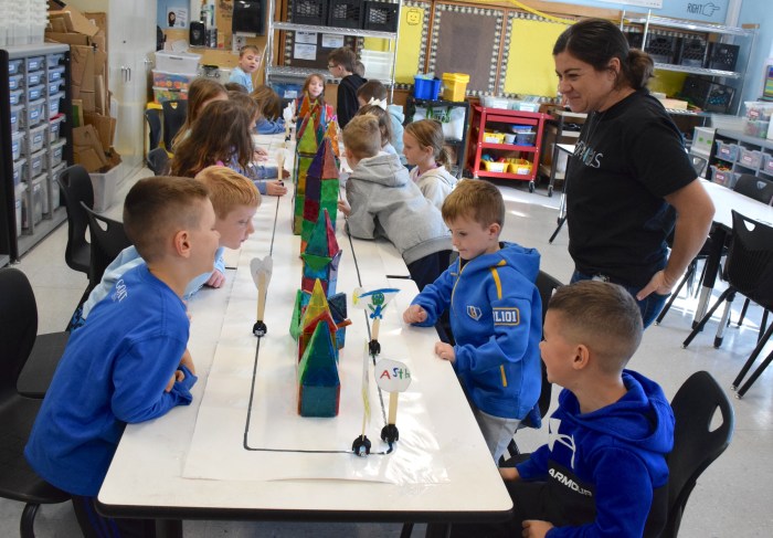 Wantagh Elementary School first graders, with STEAM teacher Kaitlin Humphrey, watched their robot parade.