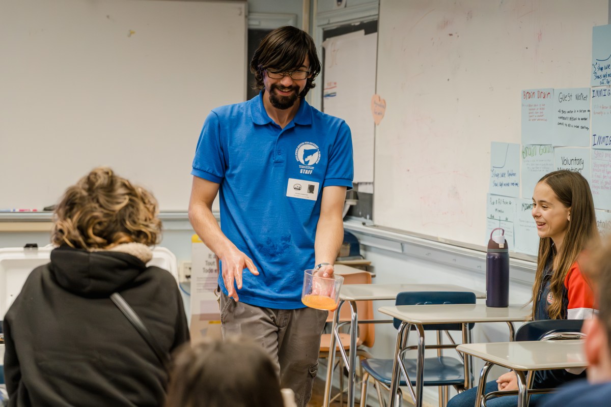 Oyster Bay high school students were given a demonstration centered on the hatchery's seasonal egg stripping program.