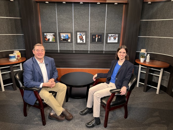 Bill Corbett in the studio with the Krista Giannak, the subject of an award-winning program. 