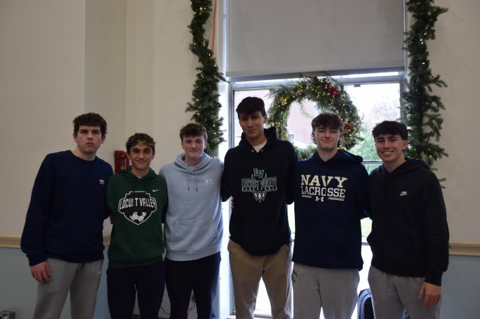 Locust Valley High School students Sean Joyce, Luke Ricigliano, Ryan Sullivan, Francesco Allocca, Will Summers and Liam Baker (L. to R.) reunited at Glen Cove Hospital as Allocca was discharged.