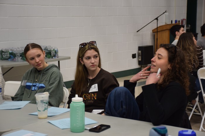Locust Valley High School alumni Sophia Del Guidice (R.) and MillieBonterre (C.) discuss the benefits of the IB program in their college years with current student Grace McDonald (L.).