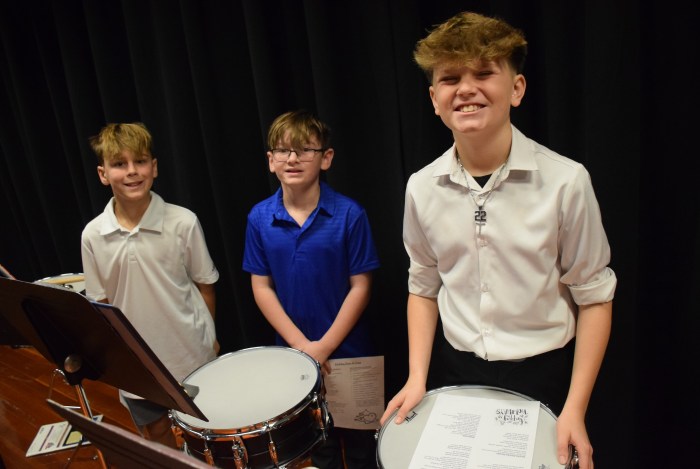 Grant Crossman, Elliot Stashin and Dylan Driscoll (L. to R.) comprised the percussion section of the band.