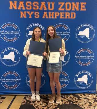 Mineola High School seniors Julianna Plunkett and Amanda Baker were honored at the 2025-2026 Nassau Zone Physical Education Awards Dinner. (L-R): Julianna Plunkett and Amanda Baker.
