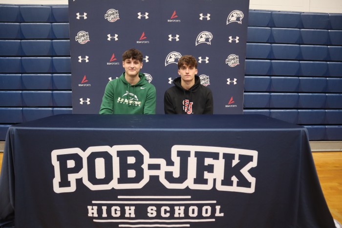 Connor Faello (L.) and Brett LaGallo (R.) announcing their future schools.