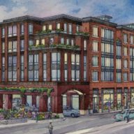 A rendering of Gotham Organization’s planned 157-unit mixed-use development near the Westbury LIRR station.