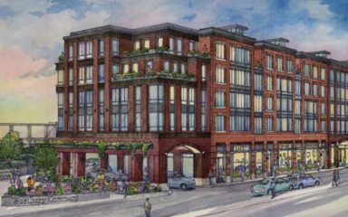 A rendering of Gotham Organization’s planned 157-unit mixed-use development near the Westbury LIRR station.