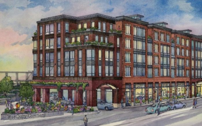 A rendering of Gotham Organization’s planned 157-unit mixed-use development near the Westbury LIRR station.