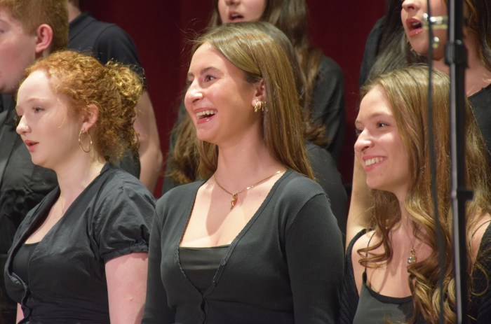 High schoolers Kenzy Goldberger, Izabella Sammut and Marchesa Pleffner (L. to R.) reveled in performing as part of the chorus.