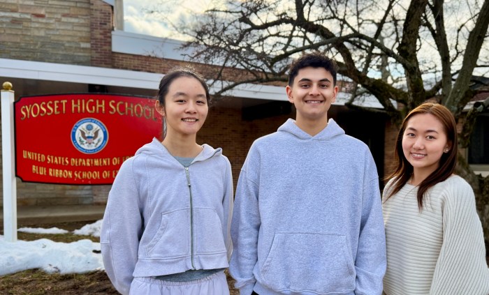 Syosset High School 2026 Regeneron Science Talent Search Scholars Elaine Liu, Grace C. Liu, and Nikhil Shah (L. to R.).