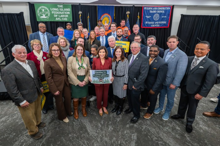 Gov. Kathy Hochul and other labor leaders called out the federal freeze of several offshore wind projects.