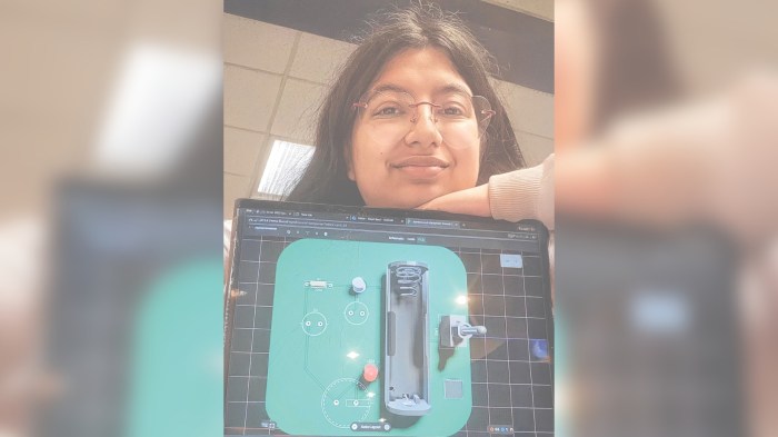 Young entrepreneur Inaya Sayed with her Sound Damp, which she developed in NYIT's NEST program.