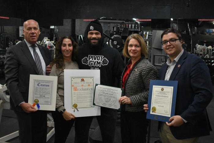 Scott Strauss, county legislator, Deputy Mayor Janine Sartori, Josh Jefferson, Jennifer DeSena, Town of North Hempstead supervisor, and Constantine Vasilakis, government relations associate from the county comptroller's office, at the Pivot Gym ribbon cutting. (L. to R.)
