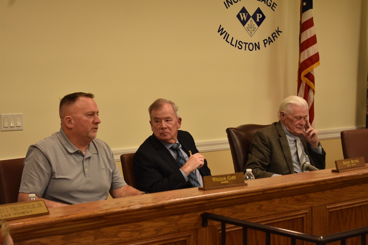Trustee William Carr, Deputy Mayor Kevin Rynne, and Mayor Paul Ehrbar (L. to R.) at Monday's board meeting.
