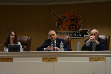 Deputy Mayor Janine Sartori, Mayor Paul Pereira, and Trustee Paul Cusato (L. to R.) heard permit applications at the recent meeting.