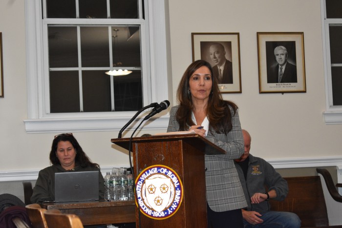 Applicant representative Andrea Tsoukalas Curto presented the developer's formal report addressing public questions.