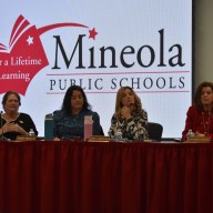Acting superintendent Catherine Fishman (R.) addressed the community alongside members of the school board, Trustee Margaret Ballantyne-Mannion, Vice President Stacey DeCillis and President Cheryl Lampasona, (L. to R.).