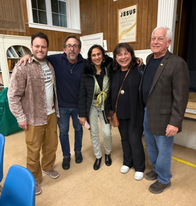 Evan Freed of the Port Washington Rapid Response Network, Roger Friedman, a community activist, Sonia Arora of the Port Washington Rapid Response Network, Susan Gottehrer, the director of the Nassau County New York Civil Liberties Union and state Assembly Member Charles Lavine (L. to R.) at the informational session in Glen Cove where community members learned about their rights.