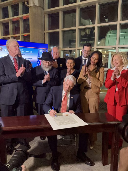 Nassau County Executive Bruce Blakeman signed an executive order after delivering his inaugural speech.