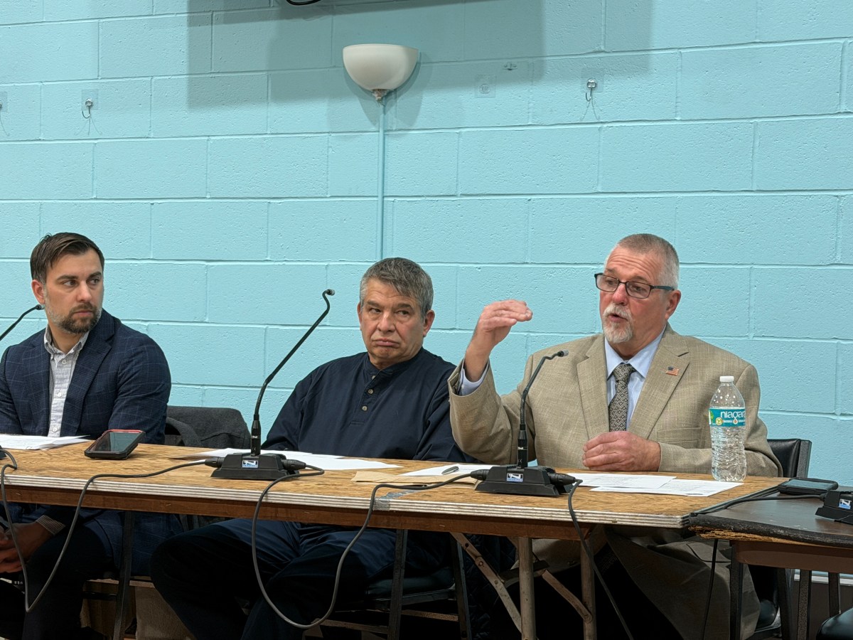 Village engineer Matt Ferraro, Deputy Mayor Harry Farina and Mayor John Popeleski during the Manorhaven Public Forum.