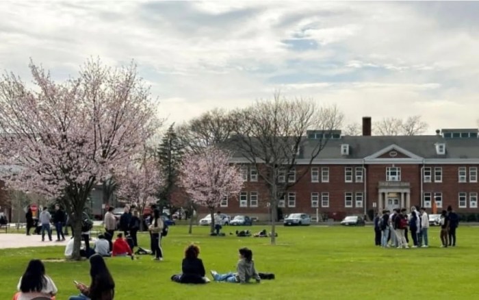 Students sit on Nassau County Community College campus.