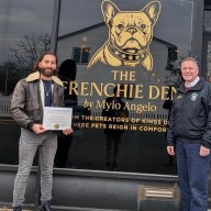 Mark Kogan (L.) was joined by state Sen. Steve Rhoads (R.) and the Levittown Chamber of Commerce for the opening of The Frenchie Den.