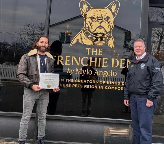 Mark Kogan (L.) was joined by state Sen. Steve Rhoads (R.) and the Levittown Chamber of Commerce for the opening of The Frenchie Den.