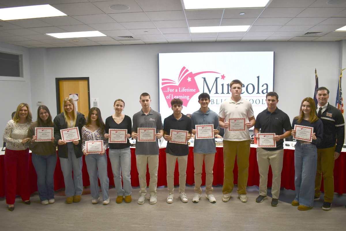 At the Dec. 18 meeting, the Mineola Board of Education proudly recognized the exceptional students of the Mineola High School Class of 2026 Physical Education Leadership Program.