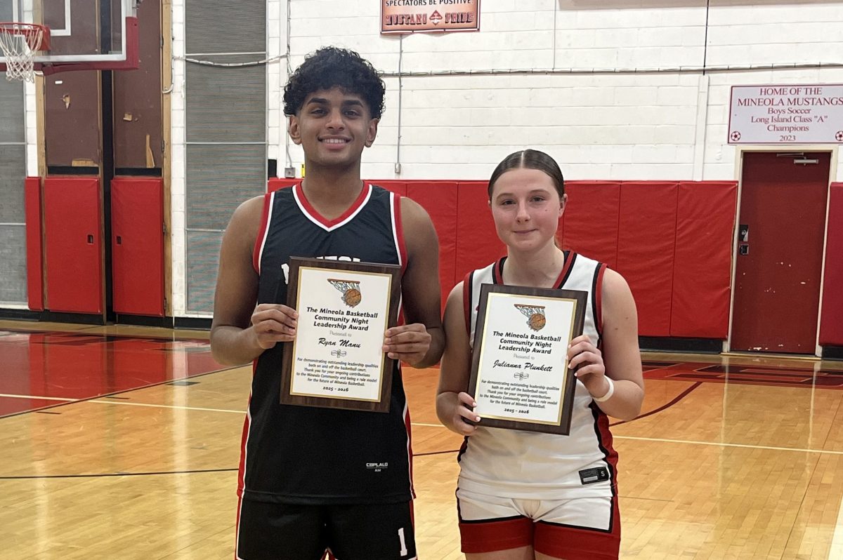 Mineola High School student-athletes Ryan Manu and Julianna Plunkett (L. to R.) were honored with Mineola Basketball Leadership Awards during the district’s annual Community Basketball Night.
