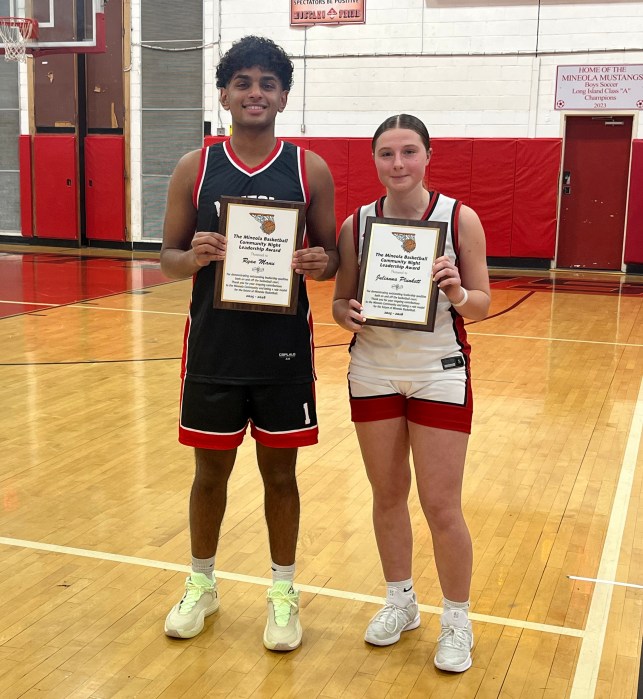 Mineola High School student-athletes Ryan Manu and Julianna Plunkett (L. to R.) were honored with Mineola Basketball Leadership Awards during the district’s annual Community Basketball Night.