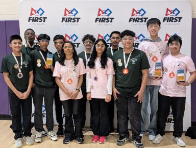 Sewanhaka’s robotics teams, Team 4017 Robopandas and Team 33484 Bamboozlers together.