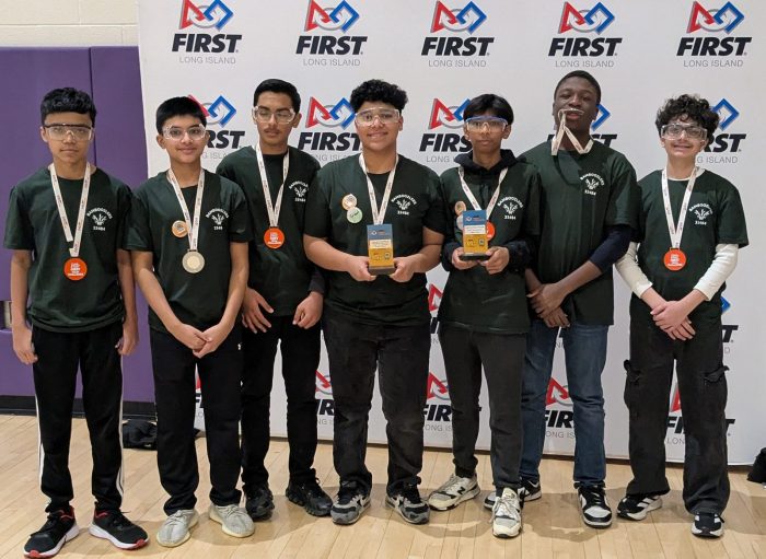  Members of Team 33484 Bamboozlers, (L. to R.) Floral Park Memorial High School students Korshed Alam and Saafir Khaled, New Hyde Park Memorial High School students Manas Kumar and Joseph Lukose, Sewanhaka High School students Ethan Harichand and Tijesunimi “TJ” Olatunji, and Floral Park Memorial High School student Ebrahim Khamis.