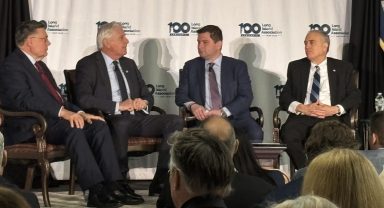 Suffolk County Executive Ed Romaine, Nassau County Executive Bruce Blakeman, LIA Presiden and CEO Matt Cohen and New York State Comptroller Thomas DiNapoli at the LIA State of the Region.