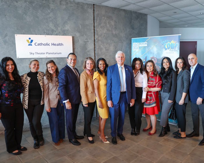 Nassau County Executive Bruce Blakeman, Legislator Mazi Pillip, North Hempstead Town Supervisor Jennifer DeSena and Council Member Yaron Levy at the swearing in of the Nassau County Legislature. 
