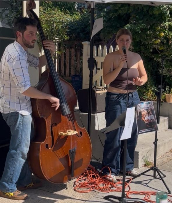 Organizer Will Winchester (L.) performing in front of the Sea Cliff Daily Grind, one of the venues set to host jazz in the upcoming Sea Cliff Jazz Festival.