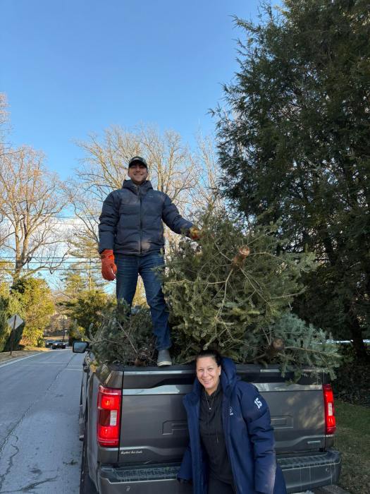 Mariann Dalimonte (R.) and Kenneth Pangbourne (L.) loading trees into Pangbourne's truck.