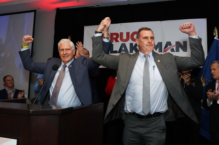 Nassau County Executive Bruce Blakeman and Madison County Sheriff Todd Hood celebrating their nomination for governor and lieutenant governor at the Garden City Hotel.