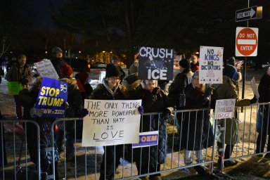 Protestors against ICE gathered outside of the Garden City Hotel, where New York Republican leadership gathered for a convention.