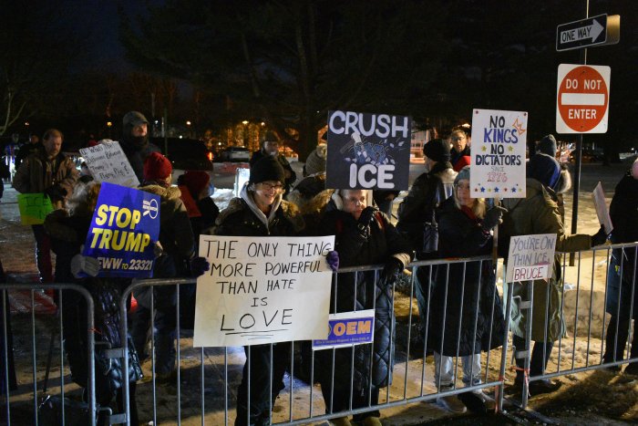 Protestors against ICE gathered outside of the Garden City Hotel, where New York Republican leadership gathered for a convention.