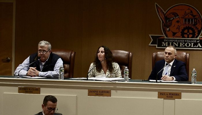 (L. to R.) Trustee Jeffrey Clark, Deputy Mayor Janine Sartori and Mayor Paul Pereira are all seeking reelection with Mineola's New Line Party.
