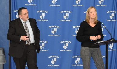 Superintendent Tony Sinanis (L.) and Assistant Superintendent for Business Lisa Rutkoske (R.) presented a preliminary budget draft to the board.