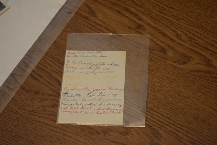 A handwritten playbill from Pat Hurleigh's childhood production of "Cinderella" in 1957. 
