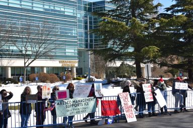 Protestors gathered outside of a Woodbury office building, where ICE is renting offices for 40 attorneys.