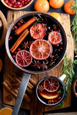 Top view of copper pot with red mulled wine