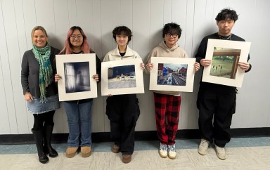 Photography teacher Allyson Zebrowski with the Herricks High School photography students – Olivia Ouyang, Angela Kim, Neo Yuen and Ethan Zhao (L. to R.) – who have been selected to participate in the 2025 Drexel University High School Photography Contest Exhibition.
