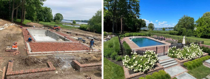 Before and after: Hicks Landscapes picked up a bronze award in the “Active Use Area” category for its recreational outdoor space with a swimming pool and lounge area, complementing the property's architectural heritage and harbor views.