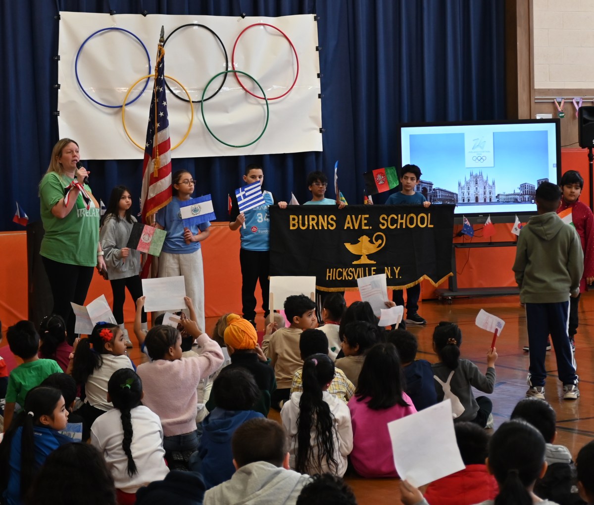 In celebration of the 2026 Winter Olympics, students at Burns Avenue Elementary School in Hicksville held a schoolwide Olympic opening ceremony