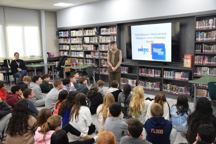 Nassau County Holocaust Memorial and Tolerance Center Director of Education Donna Rosenblum talked to sixth graders at Seaford Middle School about the Holocaust.