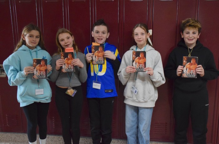Sixth graders Ashley Montroni, Kaitlyn Whitten, Anton Elsner, Eliza Bevilacquaand Lucas Valencia (L. to R.) have been reading historical fiction book “Jacob’s Rescue.”
