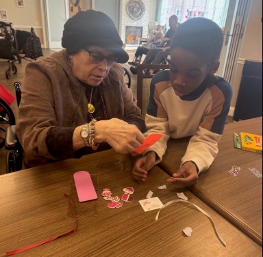 Shelter Rock Elementary School students visiting senior residents at Atria Park of Great Neck for an intergenerational Valentine’s Day program.